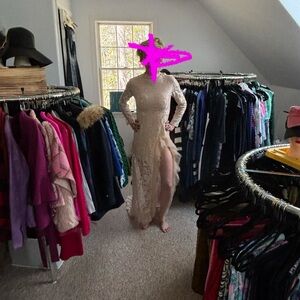 Elegant Lace High-Slit Maxi Dress in Nude